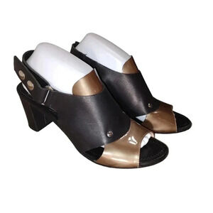 Anyi Lu Sling Back Sandals 9 40 Womens Black Tan Leather Handmade Chunky Heel